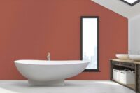 Copenhagen badekar fra Interform er et lekkert frittstående designbadekar i hvit matt kompositt / Solid surface. Baderommets smykke. Klikkventil i samme utførelse som badekaret. Gulvarmatur. Terracotta veggfarge