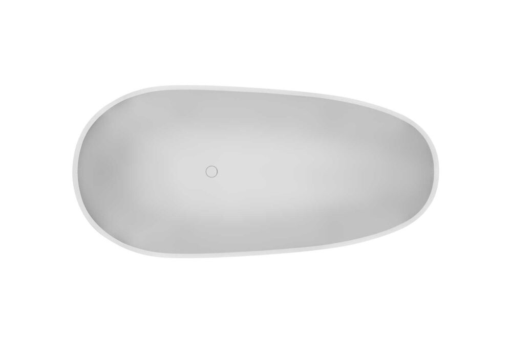 Copenhagen badekar fra Interform sett ovenfra. Lekkert frittstående designbadekar i hvit matt kompositt / Solid surface. Baderommets smykke. Klikkventil i samme utførelse som badekaret.